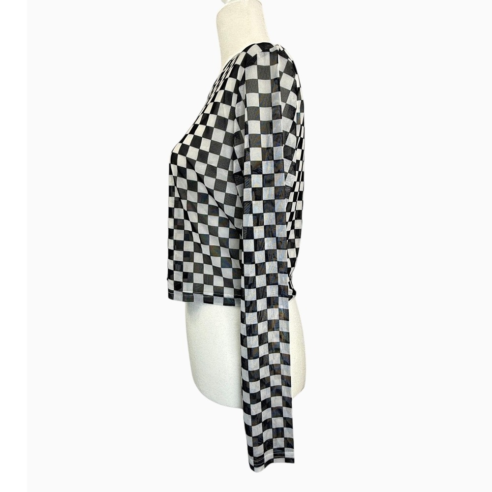 Women's L Black White Checkerboard Sheer Mesh Long Sleeve Crop Top Y2K - Picture 4 of 5